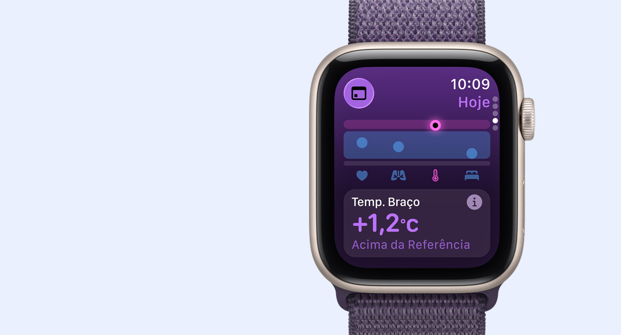 Apple Watch SE 3 com caixa estelar de alumínio e pulseira loop esportiva roxo-névoa, métricas de temperatura do pulso, Digital Crown no lado direito