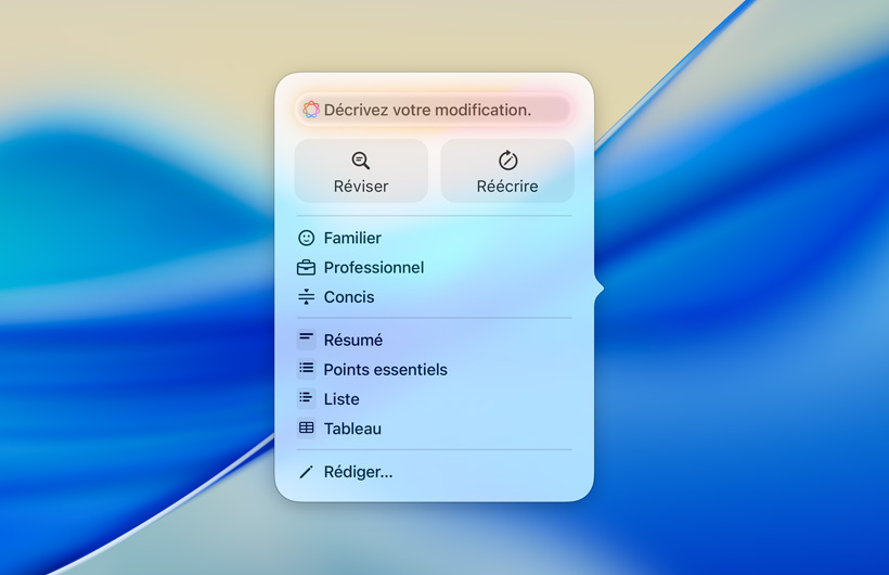 Interface des outils d’écriture avec un champ de texte pour la saisie de requêtes, les boutons Réviser et Réécrire, un choix de registres de langue ainsi que les options Résumé, Points essentiels, Tableau et Liste