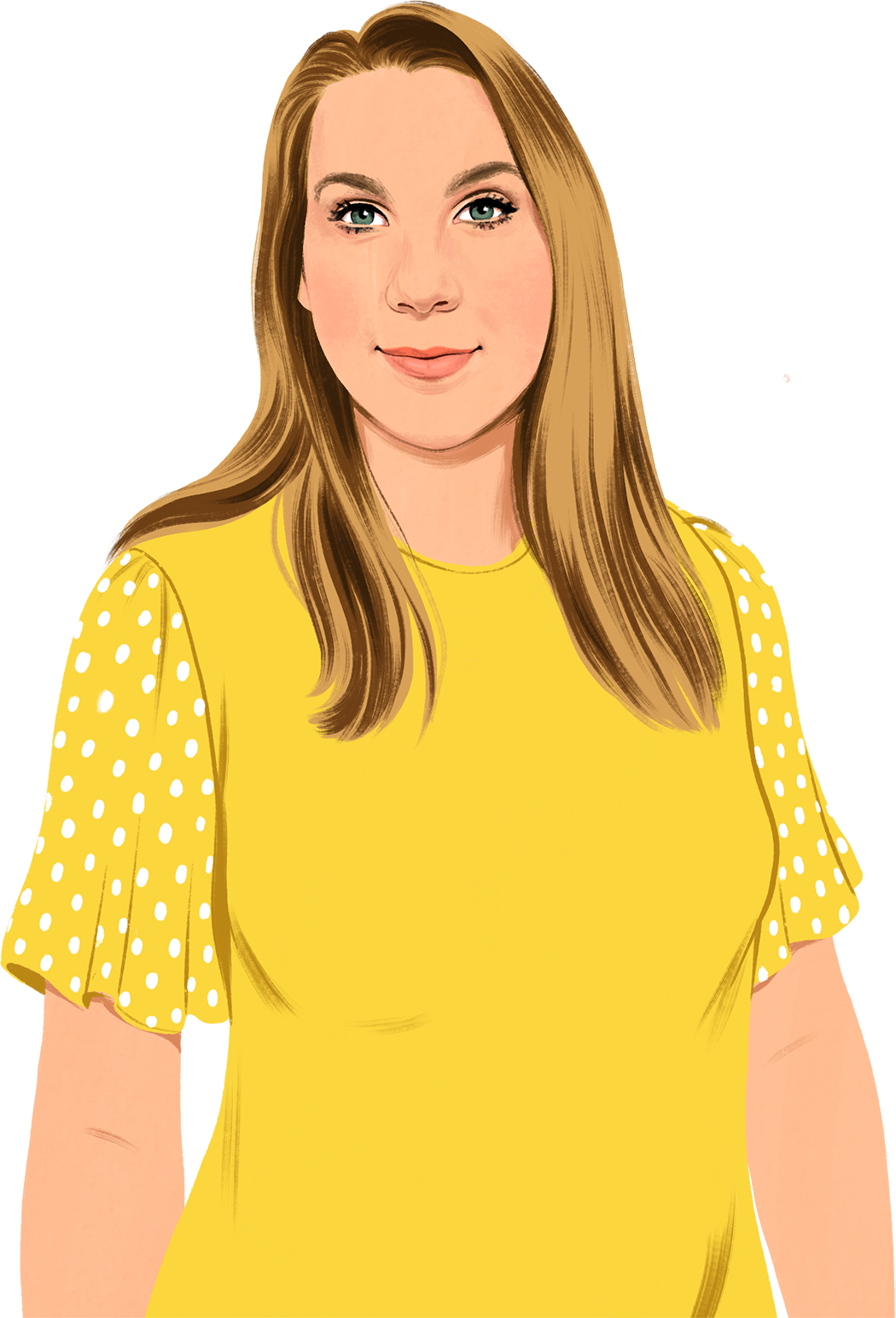 Ilustrovaný portrét Jennifer, která se s úsměvem dívá na čtenáře. Do obrázku se nasunou ilustrované zelené listy.