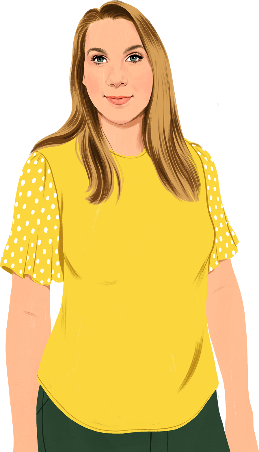 Ilustrovaný portrét Jennifer, která se s úsměvem dívá na čtenáře. Do obrázku se nasunou ilustrované zelené listy.