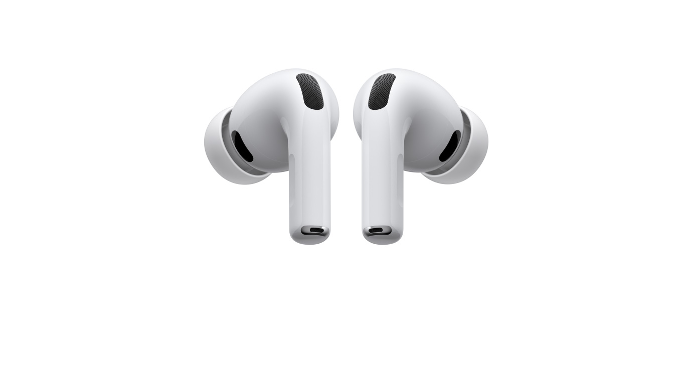 AirPods Pro 3, levé a pravé bezdrátové sluchátko, bílá barva, silikonové špunty