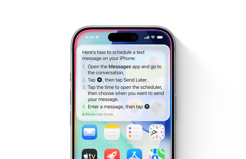 iPhone se zobrazenými pokyny, jak naplánovat odeslání textové zprávy na později