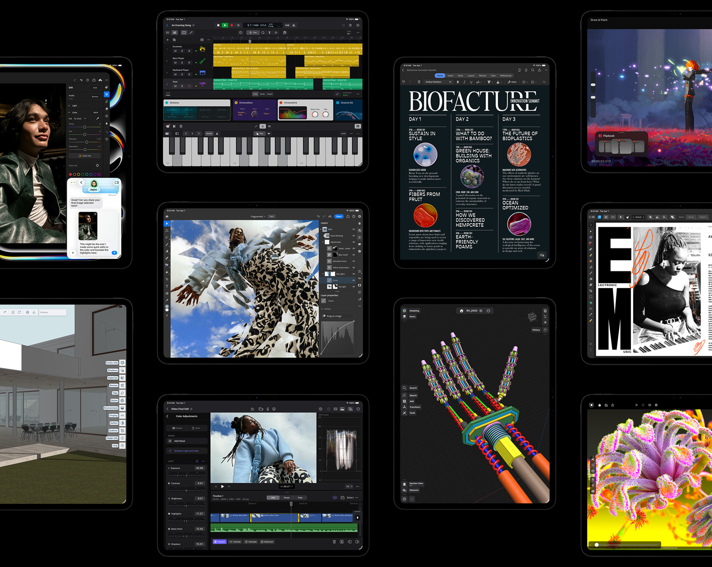 Deset iPadů Pro s prostředím iPadOS a různými aplikacemi s otevřenými tvůrčími projekty: Logic Pro, Adobe Lightroom, Adobe Photoshop, Trimble SketchUp, Microsoft Word, Procreate Dreams, Affinity Designer 2, Shapr3D