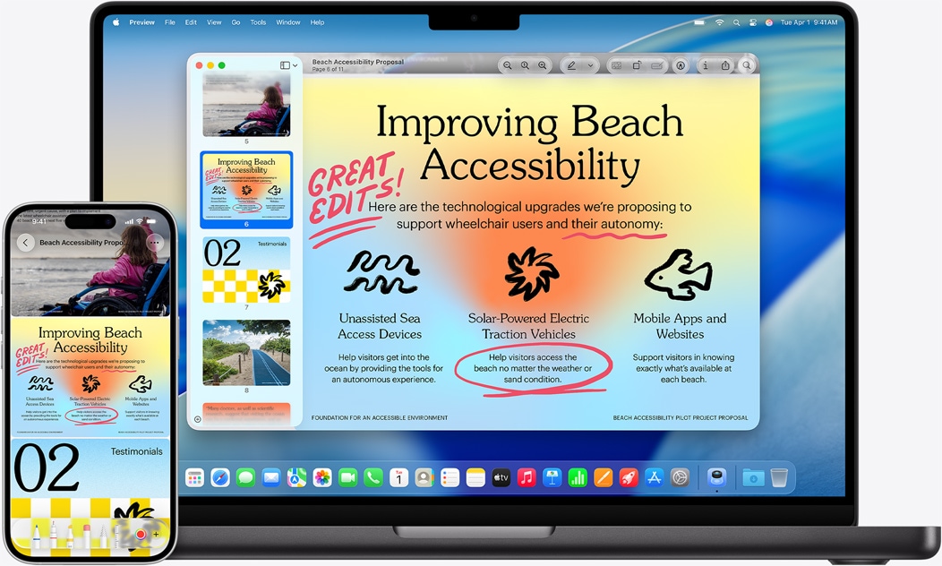 iPhone a MacBook vedle sebe, je vidět funkce zrcadlení na MacBooku. Widgety Kalendáře a Poznámek u horního okraje displeje, aplikace u spodního okraje displeje.