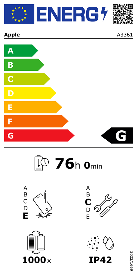 EU-Energielabel, QR Code und Informationen, Apple Modell A3361, Klasse G, Energieeffizienzklassen (auf einer Skala von A bis G), A (am effizientesten) bis G (am wenigsten effizient), Batterielaufzeit pro Zyklus, 76 Std. und 0 Min. pro voller Batterieladung, Sturzfestigkeit Klasse E für wiederholten freien Fall, A (am robustesten) bis E (am wenigsten robust), Reparierbarkeit der Klasse C, A (am besten reparierbar) bis E (am wenigsten reparierbar), Batteriehaltbarkeit 1.000 Ladezyklen, Schutzart gegen Eindringen von Staub und Wasser (IP) IP42, Verordnung 2023/1669