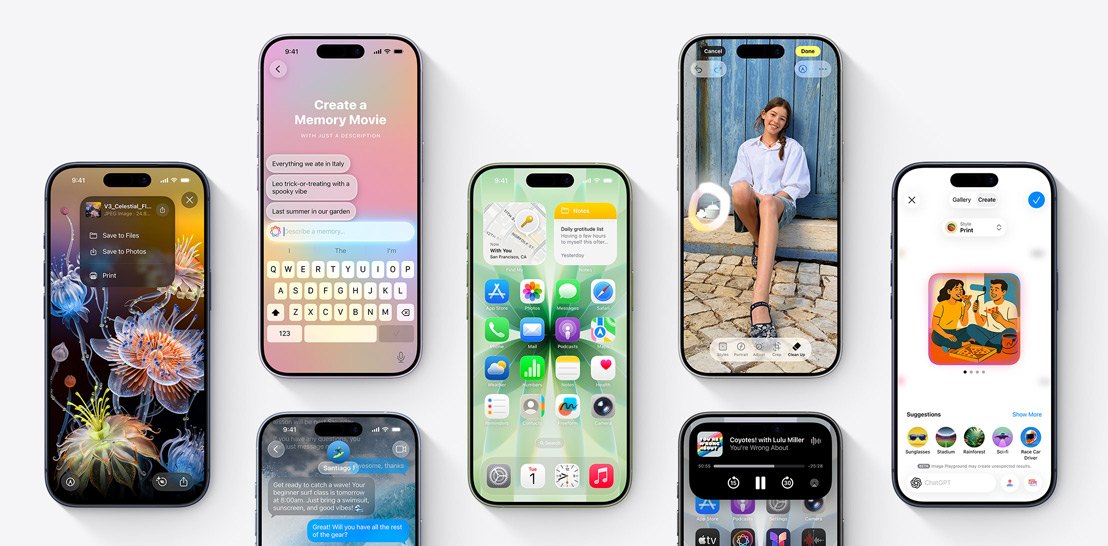 Joukko iPhone 17- ja 17 Pro ‑laitteita eri näytöillä, joilla näkyy iOS 26- ja Apple Intelligence ‑ominaisuuksia