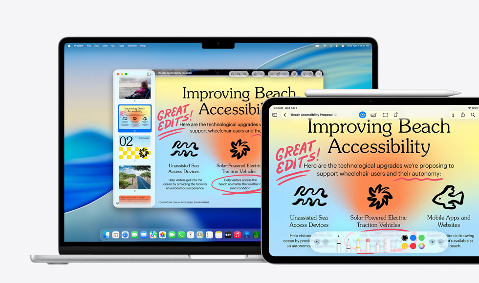 Flera Apple-enheter, samma bild på varje enhet, en Apple Pencil har använts till att göra markeringar på iPad. Markeringarna visas på de andra enheterna.