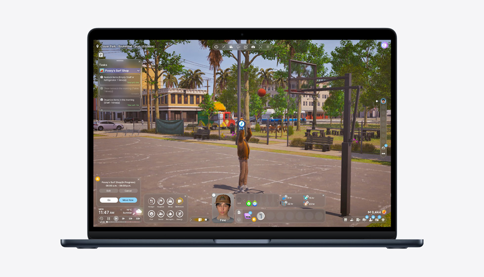 Skärmen på en MacBook Air visar ett spel för att demonstrera möjligheterna med M5-chippet