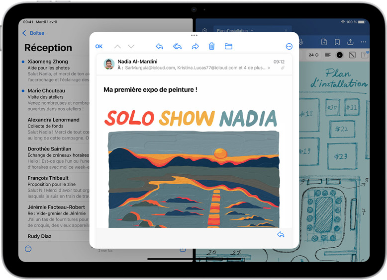 Mail et GoodNotes côte à côte sur un iPad. Un e-mail est ouvert dans une fenêtre distincte.