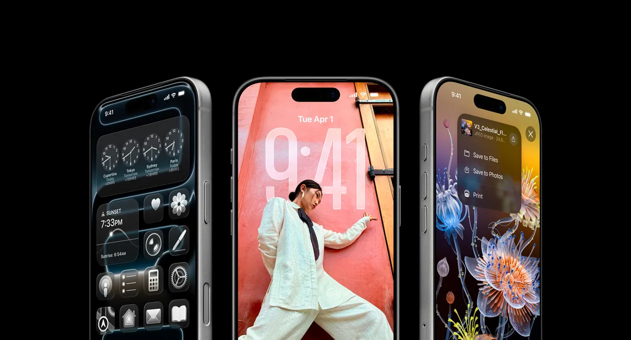 3 部 iPhone 17 Pro 型號的正面外觀，裝置並排，分別展示世界時鐘功能、iOS 26 鎖定畫面，以及如何從備忘錄 app 儲存備忘錄