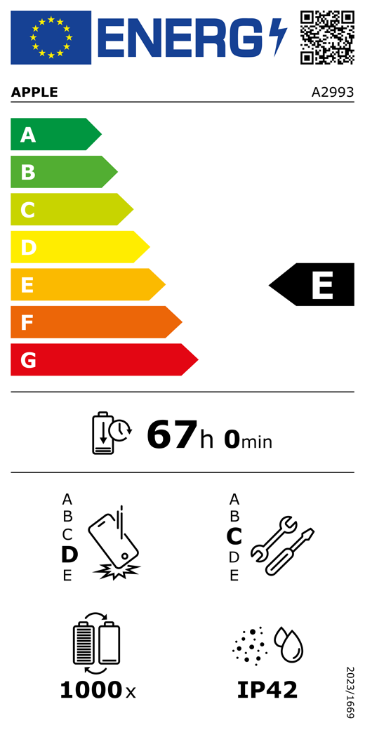 EU oznaka energetske učinkovitosti – QR kôd i informacije, Apple model A2993, razred E, razredi energetske učinkovitosti (sa skalom od A do G), A (najučinkovitiji) do G (najmanje učinkovit), izdržljivost baterije po ciklusu, 67 sati i 0 minuta po punom punjenju baterije, klasa pouzdanosti pri ponovljenim slobodnim padovima D, A (najizdržljiviji) do E (najmanje izdržljiv), klasa popravljivosti C, A (najlakše popravljivo) do E (najteže popravljivo), 1000 ciklusa izdržljivosti baterije, zaštita od prašine i vode (IP) ocjena IP42, uredba 2023/1669