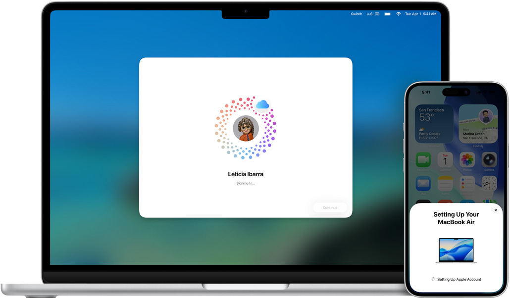 13 hüvelykes MacBook Air és iPhone 16 Plus, macOS telepítése a MacBookon, az iPhone-on a beállítással kapcsolatos üzenetek jelennek meg
