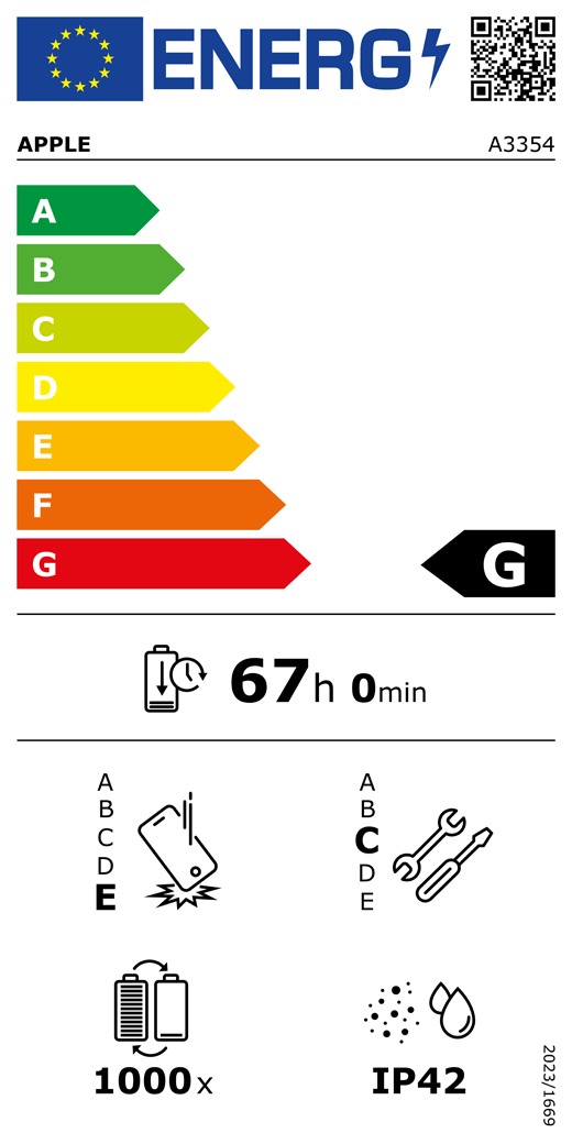 ES energijos vartojimo klasės QR kodas ir informacija, „Apple“ modelis A3354, G klasė, energijos vartojimo klasės (skalė nuo A iki G), nuo A (didžiausias efektyvumas) iki G (mažiausias efektyvumas), baterijos veikimo trukmė vienu ciklu, 67 val. ir 0 min. esant visiškai įkrautai baterijai, pakartotinio laisvo kritimo patikimumo klasė E, nuo A (didžiausias patvarumas) iki E (mažiausias patvarumas), pritaikymo remontuoti klasė C, nuo A (labiausiai pritaikytas remontuoti) iki E (mažiausiai pritaikytas remontuoti), 1 000 baterijos veikimo ciklų, apsaugos nuo dulkių ir vandens (IP) klasė IP42, reglamentas 2023/1669