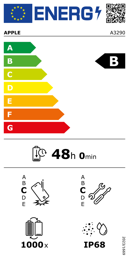 ES energijos vartojimo klasės QR kodas ir informacija, „Apple“ modelis A3290, B klasė, energijos vartojimo klasės (skalė nuo A iki G), nuo A (didžiausias efektyvumas) iki G (mažiausias efektyvumas), baterijos veikimo trukmė vienu ciklu, 48 val. ir 0 min. esant visiškai įkrautai baterijai, pakartotinio laisvo kritimo patikimumo klasė C, nuo A (didžiausias patvarumas) iki E (mažiausias patvarumas), pritaikymo remontuoti klasė C, nuo A (labiausiai pritaikytas remontuoti) iki E (mažiausiai pritaikytas remontuoti), 1 000 baterijos veikimo ciklų, apsaugos nuo dulkių ir vandens (IP) klasė IP68, reglamentas 2023/1669
