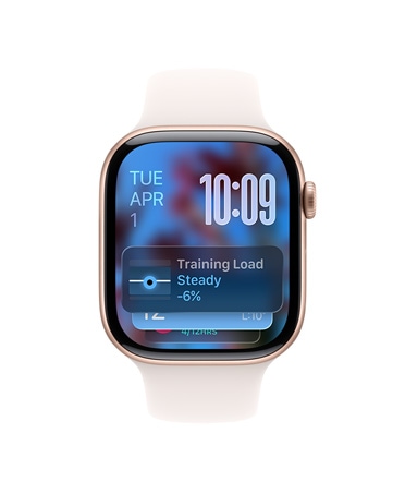 Apple Watch Series 11, rose gold color, aluminum case, Smart Stack hint, light blush Sport Band