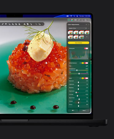 شاشة MacBook&nbsp;Pro مقاس 16&nbsp;إنش، صورة مقرّبة لكافيار السلمون في طبق، أداة تعديل الألوان