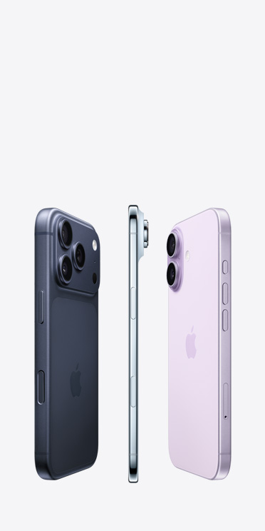 iPhone 17 Pro 機身背面，Pro 融合相機系統橫列於上方；iPhone Air 的側面圖，展示極纖薄鈦金屬側面機身；iPhone 17 機身背面，先進的雙相機系統位於左上角