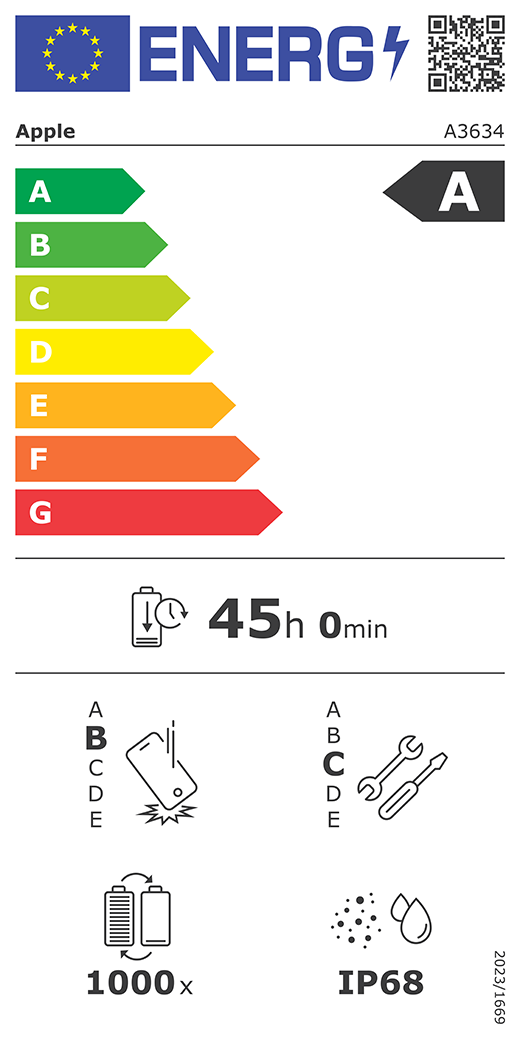 Etykieta energetyczna UE, kod QR i informacje, model Apple A3634, klasa A, klasy efektywności energetycznej (w skali od A do G), od A (najwyższa efektywność) do G (najniższa efektywność), trwałość baterii na cykl, 42 godziny i 0 minut na pełne naładowanie baterii, wytrzymałość na spadki swobodne wielokrotne klasy B, od A (największa solidność) do E (najmniejsza solidność), możliwość naprawy klasy C, od A (największa możliwość naprawy) do E (najmniejsza możliwość naprawy), trwałość baterii w cyklach 1000, ochrona przed wnikaniem pyłu i wody (IP) klasy IP68, rozporządzenie 2023/1669