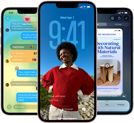 Trei dispozitive iPhone 17e care prezintă aplicația Mesaje cu design Liquid Glass, Ecran de blocare dinamic și funcția Inteligență vizuală activată
