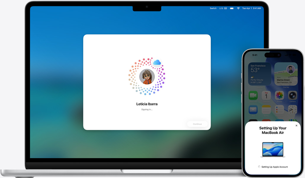 MacBook Air รุ่น 13 นิ้ว และ iPhone 16 Plus, macOS กำลังติดตั้งบน MacBook, iPhone แสดงข้อความแจ้งเตือนให้ตั้งค่า