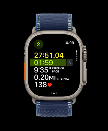Apple Watch Ultra 3, natural color, titanium case, advanced Outdoor Run workout metrics, band, Trail Loop, blue/bright blue color