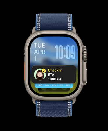 Apple Watch Ultra 3, black color, titanium case, Check In notification sits atop Smart Stack, Trail Loop, blue/bright blue color