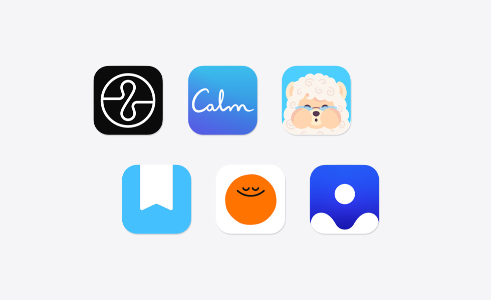 Endel、Calm、Mindllama、Day One Journal、Headspace、Clearfulなど、様々なアプリのアイコン