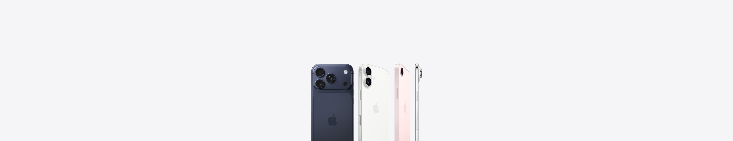 深墨藍色 iPhone 17 Pro，背面外觀，Pro 融合相機系統位於左上角，Apple 標誌在中央；白色 iPhone 17，背面外觀，雙融合相機系統位於左上角，Apple 標誌在中央；淺粉紅色 iPhone 17e，背面外觀，融合相機系統位於左上角，Apple 標誌在中央；iPhone Air，側面外觀，展示鈦金屬外框，左上角為融合相機系統