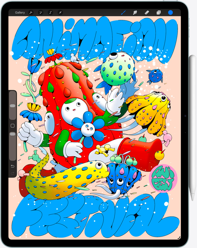 iPad Air, face avant, affichant l’app Procreate, illustration numérique colorée représentant plusieurs personnages et objets, Apple Pencil Pro