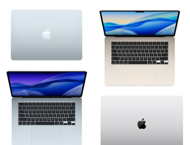 Fire Mac-computere i forskellige modeller, størrelser og farver, som illustrerer de mange tilpasningsmuligheder